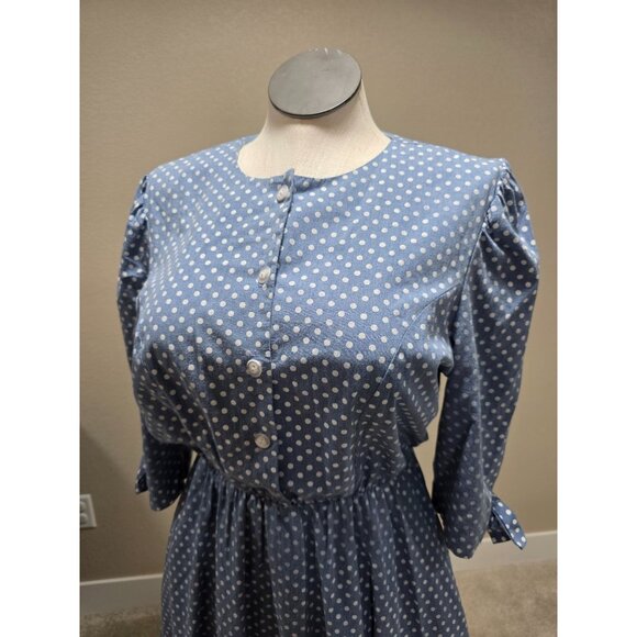 Vintage Blue Polka Dot Dress With Puff Sleeves Bow Accents & Button Front Size 1 - Picture 7 of 9